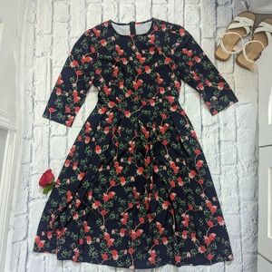 Women's Floral Vintage Midi Evening Dress 3/4 Sleeve